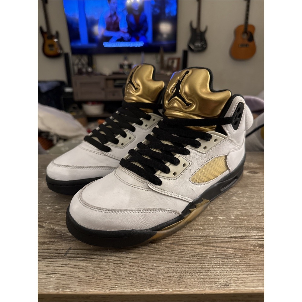 Nike Air Jordan 5 Retro Olympic Shoes 7Y White Gold 440888-133 White Gold